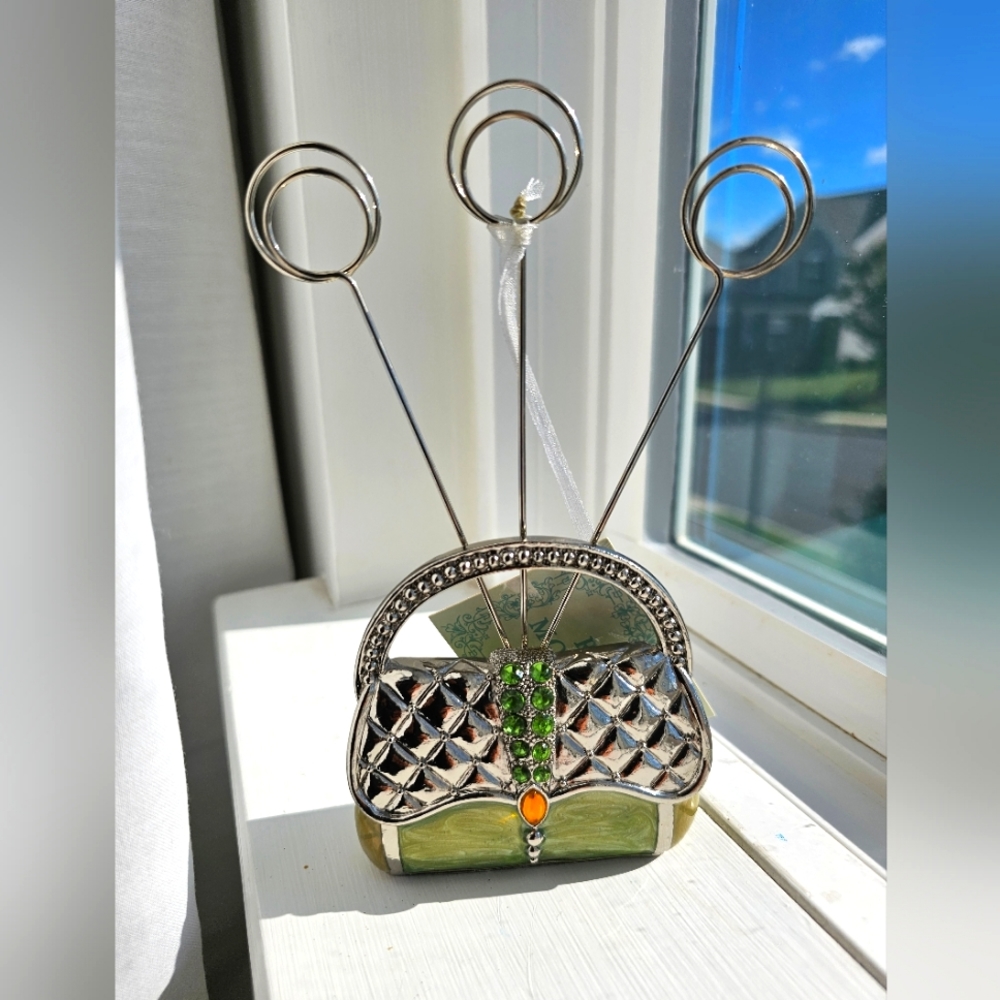 Rue Moliere Jeweled, Brass Purse 3 Ring Photo Clip Paperweight Silvertone Green